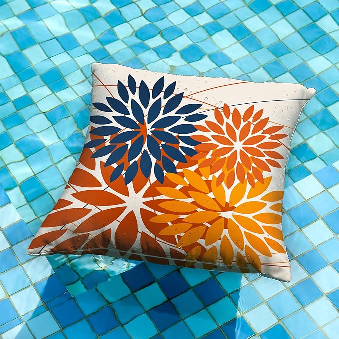 DFXSZ Outdoor Pillow Covers 16x16 Inch Set of 2 Blue Orange Flower Decorative Waterproof Summer Outdoor Pillow Covers Valentines Pillow Covers for Patio Funiture Garden Couch 168N16