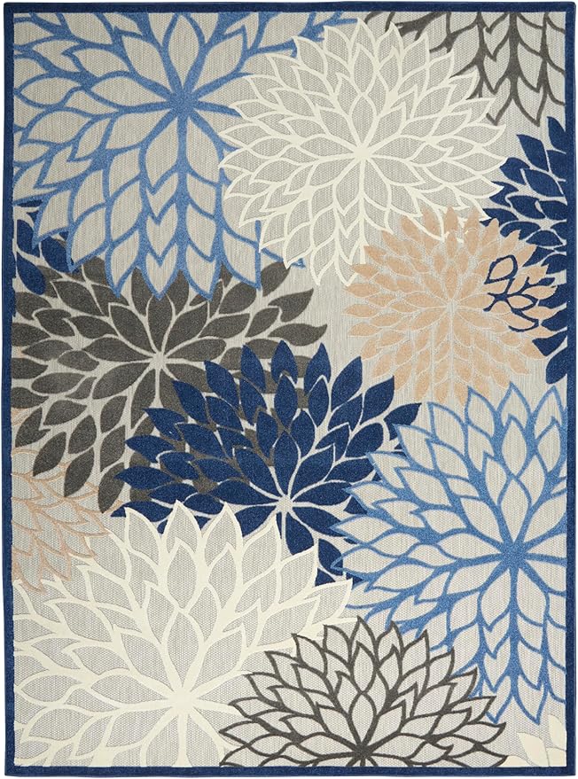 Nourison Home Aloha Indoor/Outdoor Blue/Multicolor 10' x 14' Area Rug, Tropical, Botanical, Easy Cleaning, Non Shedding, Bed Room, Living Room, Dining Room, Deck, Backyard, Patio (10x14)