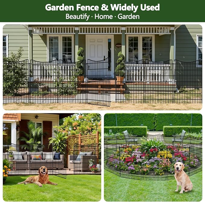 10 Panels Garden Fencing Animal Barrier with Gate, 48 in(H) X 23.6 ft(L) Dog Fence Outdoor for Yard, No Dig Temporary Tall Fence Rustproof Metal Wire Panel Border for Dog, Rabbits, and Patio