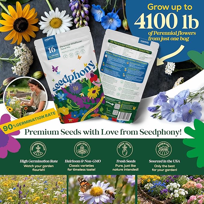 Seedphony 16 Perennial Wildflower Mix 4 oz - 100,000 Non-GMO Heirloom Wildflower Seeds for Planting Garden, Wild Flowers in Waterproof Seed Packet, Floral Seeds for Planting Indoor & Outdoor Gardening