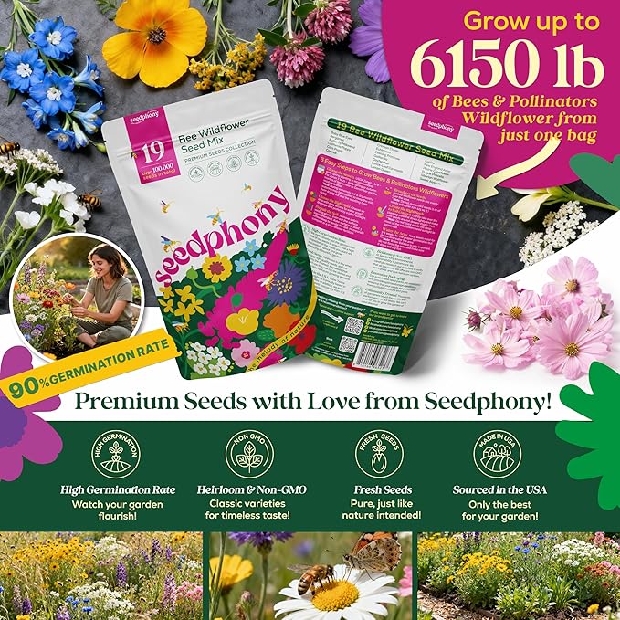 Seedphony 19 Bee Wildflower Seeds Mix 4oz - 100,000 Non-GMO Heirloom Seeds for Planting, Perennial Flowers in Waterproof Seed Packet, Flower Seed Mix for Pollinators, Planting Garden Indoor & Outdoor