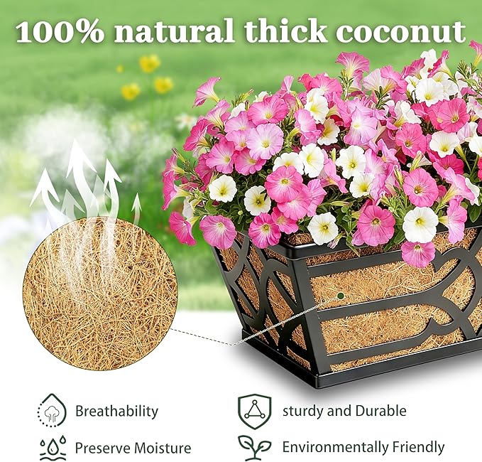4 Pack 30 Inch Window Boxes Planters with Coco Liner, Large Metal Railing Planter Boxes for Deck, Heavy Duty Hanging Trough for Fence and Front Porch Garden Flower Display