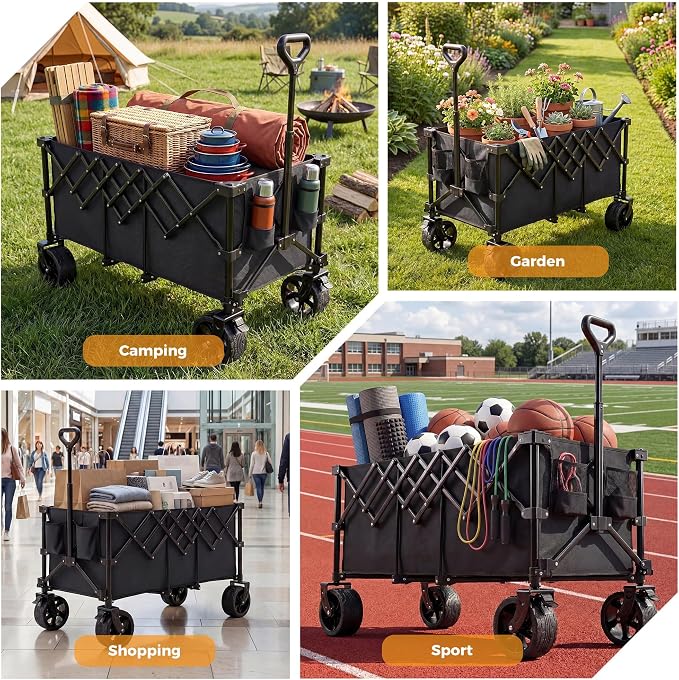 OLIXIS 49" Extra Long Folding Wagon Cart, 440LBS Heavy Duty Collapsible Wagon with Big All-Terrain Wheels, 250L Portable Outdoor Utility Cart for Shopping, Garden, Camping, Grocery, Sports - Black