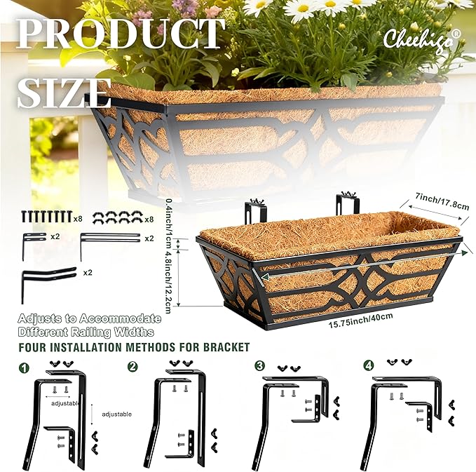 2 Pack 16 Inch Railing Planter Boxes with Coco Liner, Window Boxes Planters for Deck Railing, Metal Hanging Flower Pot Holder for Apartment Balcony Decor and Fence Post Railing