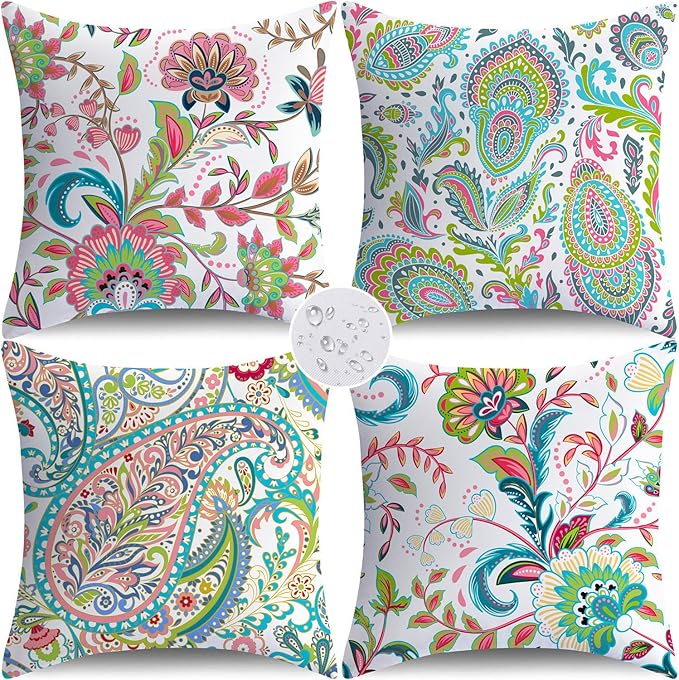 NIGHTWISH Outdoor Waterproof Pillow Covers 18x18 Set of 4 Spring Summer Floral Boho Decorative Outdoor Throw Pillows Paisley Cushion Cases for Patio Furniture Bench Couch Sunbrella