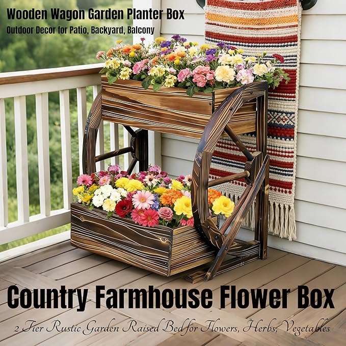 2 Tier Medium Wooden Wagon Planter Box|Outdoor Planter/Flower Pot for Indoor&Outdoor Plants-Rustic Garden Planter for Patio,Porch&Garden Decor-Raised Garden Bed for Succulents,Herbs,Vegetables