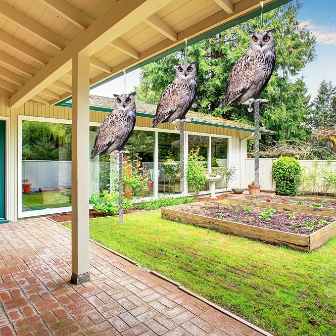 3 Pack Bird Scare Owl Fake Owl, Reflective Hanging Bird Decoration, Effective Bird Control Device to Keep Birds Pigeon Woodpecker Away from Patio Garden