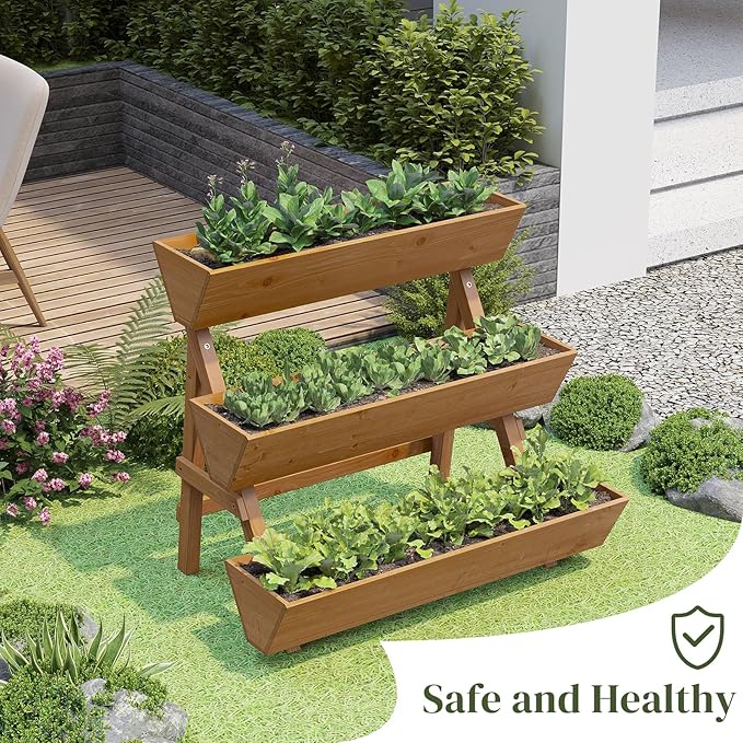 3-Tier Wooden Vertical Raised Garden Bed with Legs, Tiered Planter Box, Vertical Garden Planter,Wood Plant Stand Wood Flower Rack for Patio, Balcony, Freestanding. (Brown-Large)