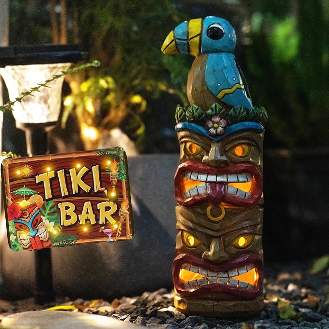 Tiki Totem Pole Solar Powered Garden Statue Decor- Tiki Decorations for Tiki Bar Outdoor Patio Balcony Lawn Yard Backyard