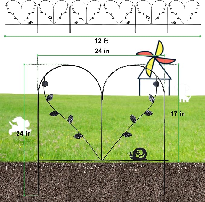 24in x 12ft Decorative Garden Fence 6 Piece Metal Garden Border Dogs Barrier Animal Fencing Rustproof Edging Flower Bed Landscape Iron Wire Outdoor Patio