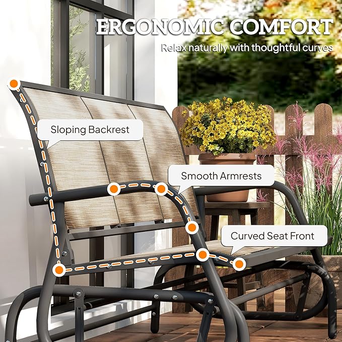 Outsunny 3-Person Patio Glider Bench, Outdoor Porch Glider Swing with 3 Seats, Breathable Mesh Fabric, Metal Frame, Light Mixed Brown