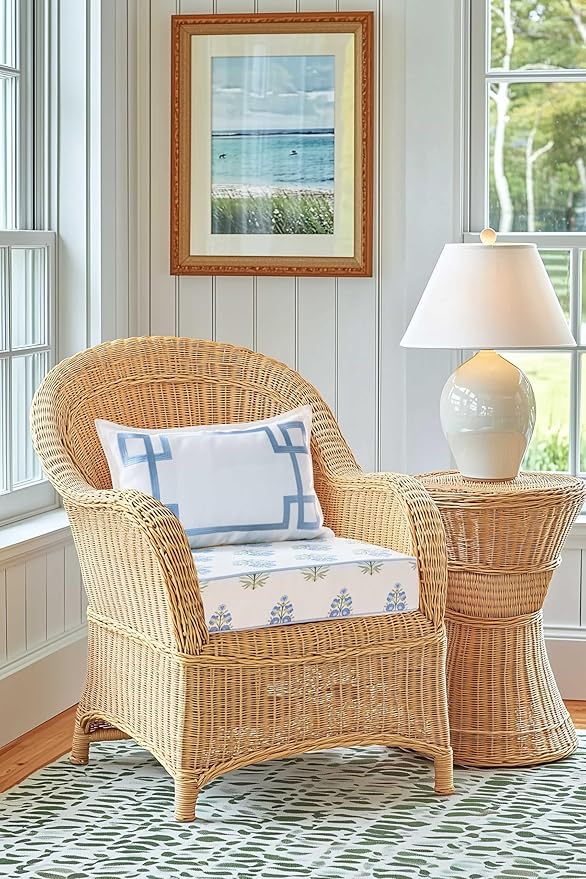 Hofdeco Premium Coastal Patio Indoor Outdoor Lumbar Pillow Cover Only, 12"x20" Water Repellent for Backyard, Couch, Baby Blue Embroidered Frame Greek Key