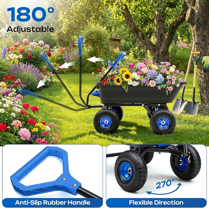 900LB Garden Dump Cart, 2026 Upgraded Heavy Duty Wheelbarrow Cart with 10" Non-Slip Pneumatic Tires & Quick-Release System, 4-Wheel Steel Frame Wagon for Transportation in Yard, Farm, Garden