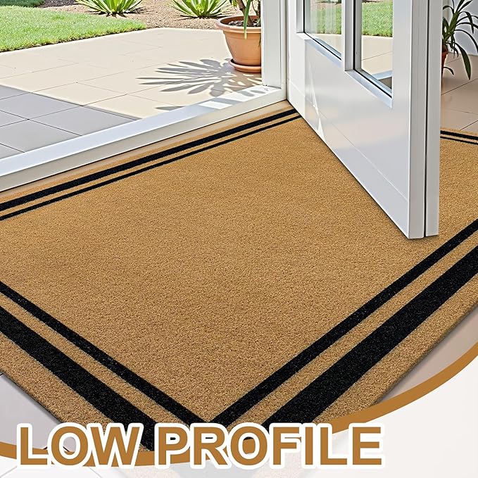 OLANLY Front Door Mat, Low Profile Doormat, Stain and Fade Resistant, Easy to Clean, for Indoor and Outdoor Entrances, Patio Porch or Entryway, Brown (35x23 Inch, Classic Border)