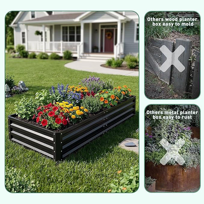 ONCEMORE Galvanized Raised Garden Bed for Vegetables Flowers Herbs, Cover Outdoor Extra-Thick Metal Planter Box Kit,w/Tomato Cage, Labels, Tool, 6×3×1FT Black(Clear)