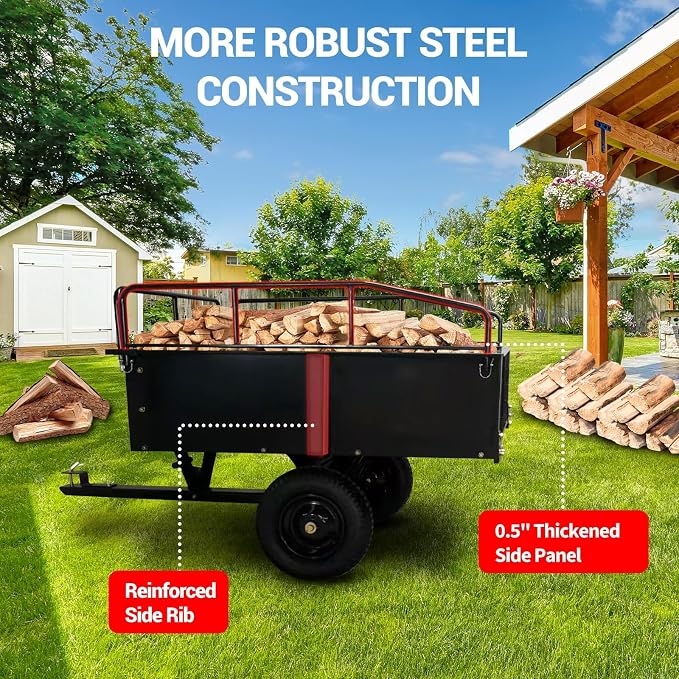 Garvee 750 LBS Garden Cart, 15 cu ft Heavy Duty Steel Dump Cart ATV Trailer with Removable Sides, Hand Pull or Foot Pedal Utility Trailer for ATV, UTV, Lawn Mowers and Tractors