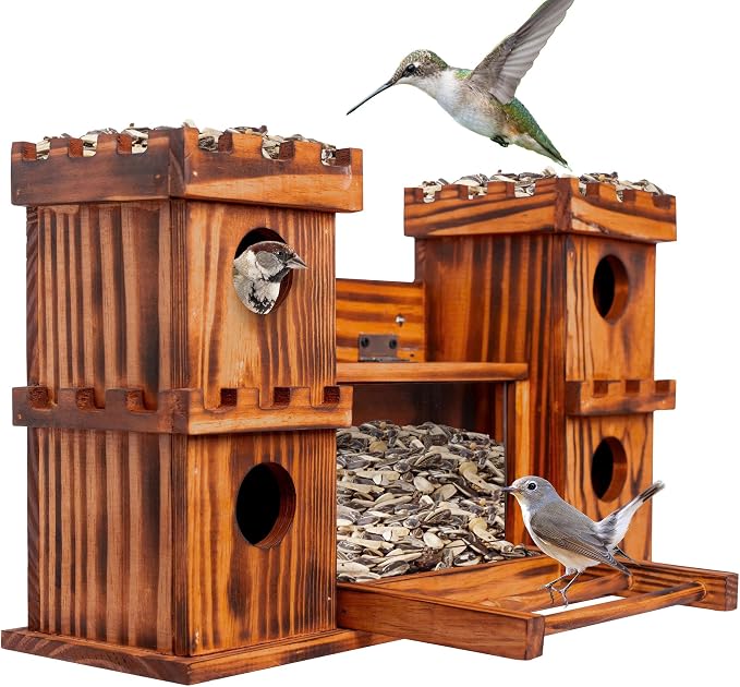 MIXUMON Castle-Style 4 Room Wooden Birdhouse with Large Center Feeder, Outdoor Multi-Room Bird House for Garden & Backyard, 1.57" Entrance Hole, Easy-Clean Access Doors, Twin Tower Decorative Design