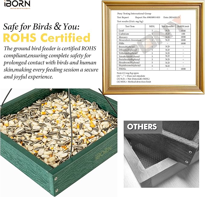 iBorn Platform Bird Feeder Tray, Bird Feeders for Outdoors Hanging, Flat Birdfeeder Tray with Large Capacity 3LBS, WPC Recycled Plastic & Cedar Look, Waterproof, 10.5"x10.5", Green