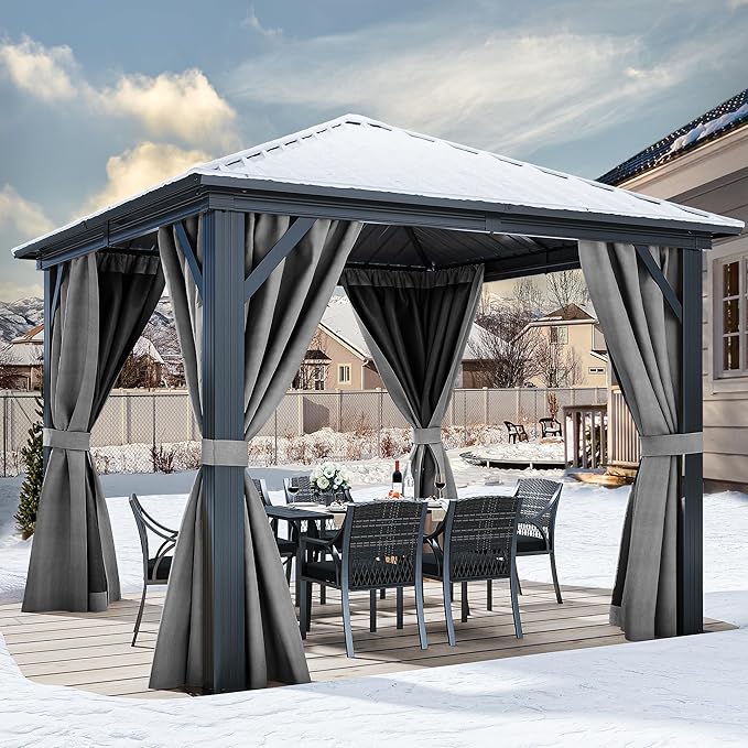 YITAHOME 10x10ft Hardtop Gazebo with Nettings and Curtains, Heavy Duty Galvanized Steel Outdoor Vertical Stripes Roof for Patio, Backyard, Deck, Lawns, Grey