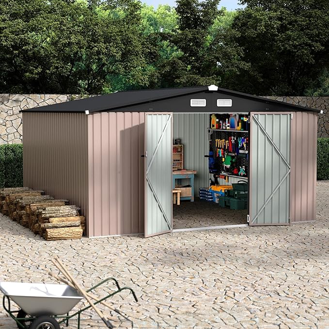 Heavy-Duty 12x12 ft Metal Storage Shed with Air Vent & Lockable Door, Outdoor Storage Shed for Yard, Patio, Lawn, Rust-Resistant Utility Shed, Easy Assembly & All-Season Use