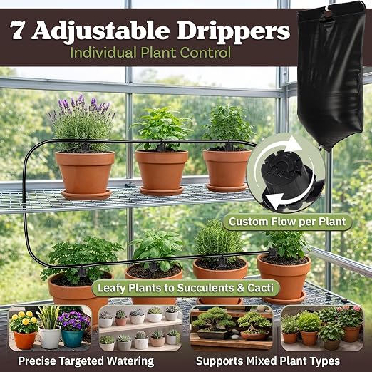 Automatic Plant Waterer Indoor Drip Irrigation System with 2.77Gal Water Bag and 7 Adjustable Drippers for Potted Houseplants, Balcony, or Vacation - Indoor Plant Watering Devices by Pure Garden