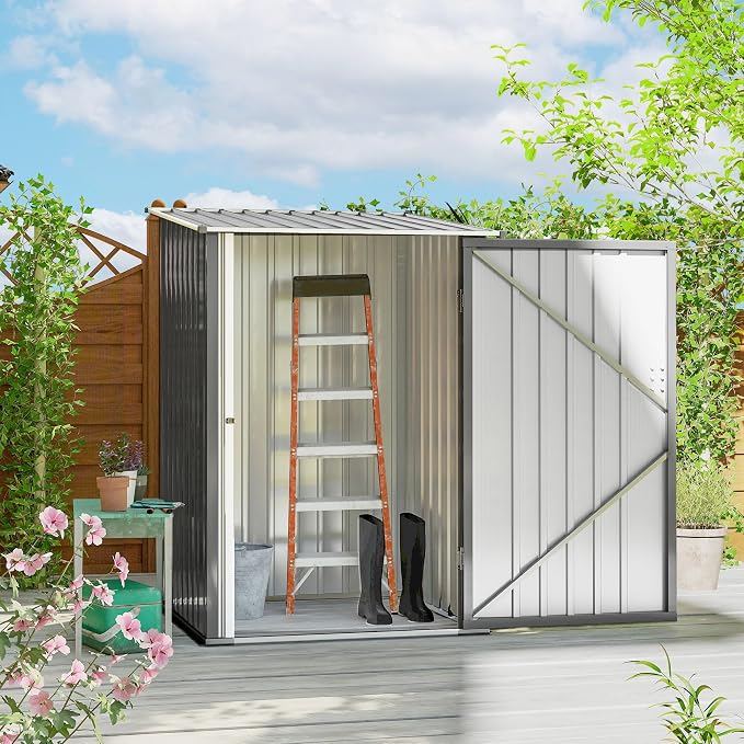 Outsunny 3.3' x 3.4' Outdoor Storage Shed, Metal Garden Tool House with Sloping Roof and Lockable Door for Backyard, Bike, Patio, Garage, Lawn, Gray