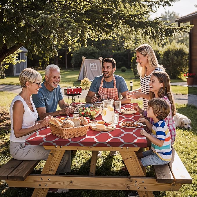 Fitted Waterproof Picnic Table Cover with Bench Covers Elastic Heat Resistant Outdoor Camping Tablecloth for 6 Foot Dinning Rectangle Tables Summer Rv Patio Garden Road Trip Essential Gift
