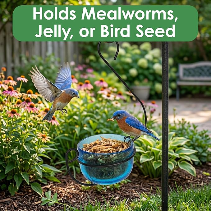 Bluebird Mealworm Feeder - Sparkling Blue Glass Bowl with Decorative Hanging Hook - Removable Cup for Easy Cleaning - Dried or Live Mealworm Feeder for Bluebirds Outdoors
