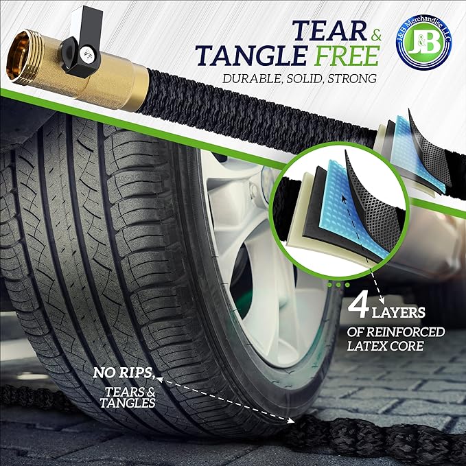 J&B XpandaHose 75ft Expandable Garden Hose – Ultra-Strong 3750D, 4-Layer Latex Core, Brass 3/4" Connectors, 10-Pattern Nozzle & Storage Bag – Lightweight, Kink-Reducing, Leak-Resistant