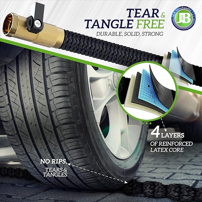 J&B XpandaHose 150ft Expandable Garden Hose – Ultra-Strong 3750D, 4-Layer Latex Core, Brass 3/4" Connectors, 10-Pattern Nozzle & Storage Bag – Lightweight, Kink-Reducing, Leak-Resistant