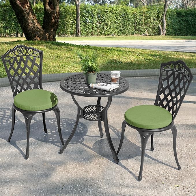 NUU GARDEN 3-Piece Cast Aluminum Patio Bistro Set, Outdoor Table and Chairs Set of 2 with Umbrella Hole and Green Cushions for Patio, Balcony, Garden, Black