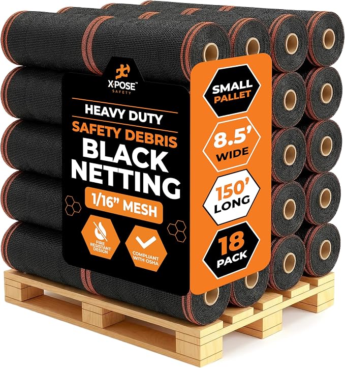Xpose Safety Debris Netting for Construction – 8.5’ x 150’, 1/6" Mesh Scaffold Safety Net, Temporary Material Roll, Visibility Fence, Heavy-Duty Fire Retardant, Black (18-Pack)