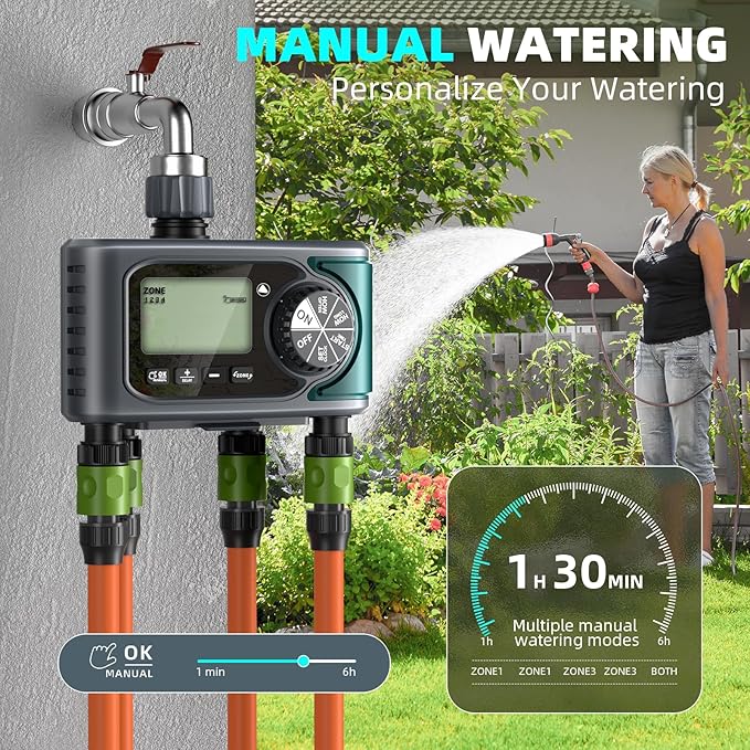 Sprinkler Timer for Outdoor Hose Faucet 4 Zone,Programmable Hose Timer with Rain Delay/Manual/Automatic Watering System,Water Timers for Garden Hose,Digital Drip Irrigation for Yard Lawn Outdoor