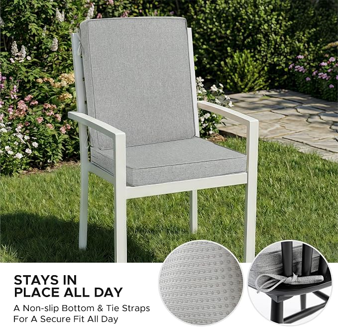 Outdoor Chair Cushions, Water-Resistant & Fade-Resistant, Patio Furniture Lawn Dining Chair Seat Replacement with Mid Back, Ties Zipper, Removable Cover, 18 x 16.5 Inch, Set of 1, Light Grey
