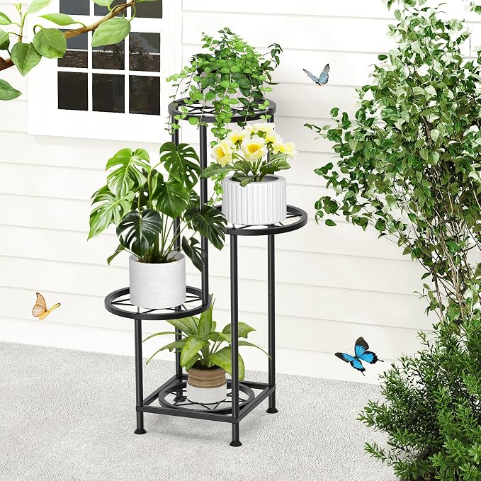 4 Tier Plant Stand Indoor Outdoor, Metal Flower Shelf Display Holder, Multiple Plants Corner Tall Flower Holders for Patio Balcony Porch Garden Living Room (Diamond Black)