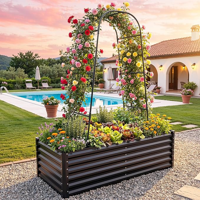 YITAHOME 6x3x2ft Galvanized Raised Garden Bed with Tall Arch Trellis, Galvanized Planter Box with Vertical Netting, Gloves, Support Rod, Outdoor Flower Bed for Plants, Vegetables, Flowers, Black
