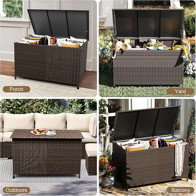 185 Gallon Outdoor Deck Box with Wheels, Waterproof PE Wicker Rattan & Aluminum Frame Storage Bin for Patio Cushions, Garden Tools, Pool Toys, Lockable Patio Furniture(Brown)