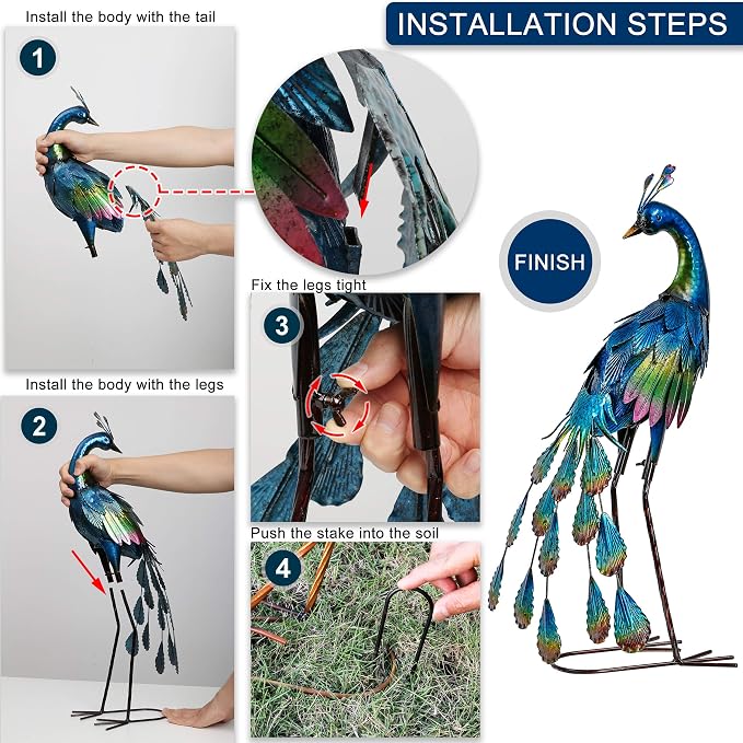 TERESA'S COLLECTIONS Garden Decor, Peacock Yard Decor, Elegant Peacock with Colorful Painting,18", Waterproof Metal Outdoor Statues, Garden Gifts, Birthday Gifts for Women Mom