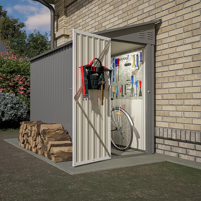 YOPTO 4x8 FT Outdoor Storage Shed,Lean to Metal Shed W/Floor Included,Garden Storage Shed W/Lockable Door,All Weather Waterproof Tool House W/ 2 Air Vents,for Backyard,Patio,Lawn,Garden,Gray