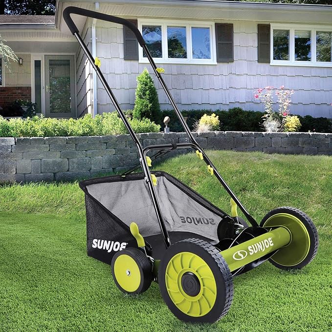 Sun Joe MJ501M w/ 7-Gallon Detachable Grass Catcher, 9-Position Height Adjustment, 5 Steel Blades, Compact Design, 18-Inch Manual, Green/Black