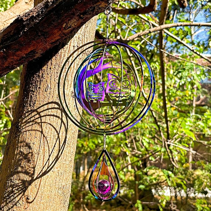 Stainless Steel Owl Reflective Spinners Deterrent Scarecrows to Scare Keep Woodpecker Pigeon Hawk Away from House Rainbow Wind Spinners for Outside Outdoor Gifts for People with Dementia Sun Catcher
