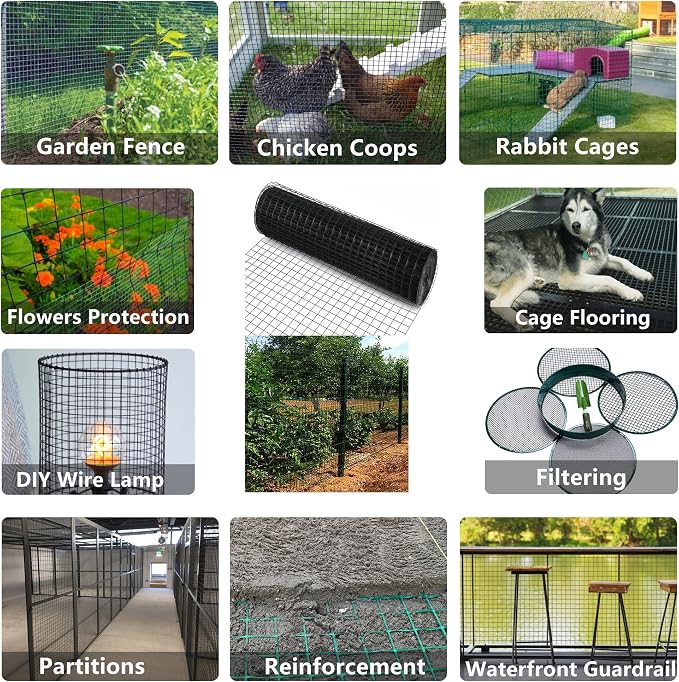Chicken Wire Fencing 48in x 100ft Hardware Cloth 1 inch 16 Gauge Black PVC Vinyl Coated Welded Wire Fence Wire Mesh Roll Rabbit Wire Gopher Wire Cloth Garden Fence Poultry Netting Rodent Wire