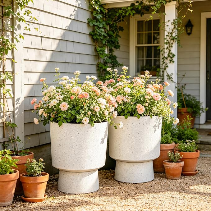 16.75"H Urn-Style Tall Planters, 2-Pack Modern Large Flower Pots for Outdoor Indoor, 2-in-1 Design Plant Containers for Garden Patio Yard Balcony Porch or Home Decor, White Terrazzo, UV-Protect