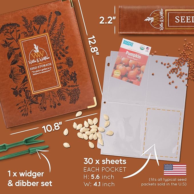 Create-ables Willow and Wildflower Garden Seed Organizer Binder, Seed Storage Organizer, Garden Binder Book for Packet Storage Catalog Can Store 120 Packets with Dibber and Widger (Classic Brown)