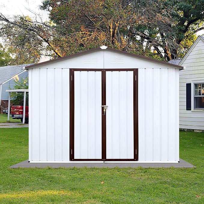 10x8 FT Garden Metal Sheds with Waterproof Roofs and Lockable Doors,Outdoor Storage Tool House W/Punched Vents,Backyard Office Shed,for Bike,Barbeque,White+Coffee