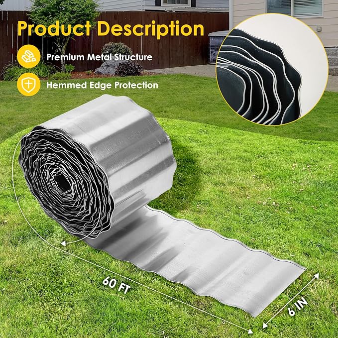 Vehipa Garden Edging Brooder for Landscaping, 6" x 60 Ft Corrugated Landscape Edging, Garden Bed Edging Lawn Edging for Flower Bed, Landscape Border for DIY Lawn, Yard (Silver)
