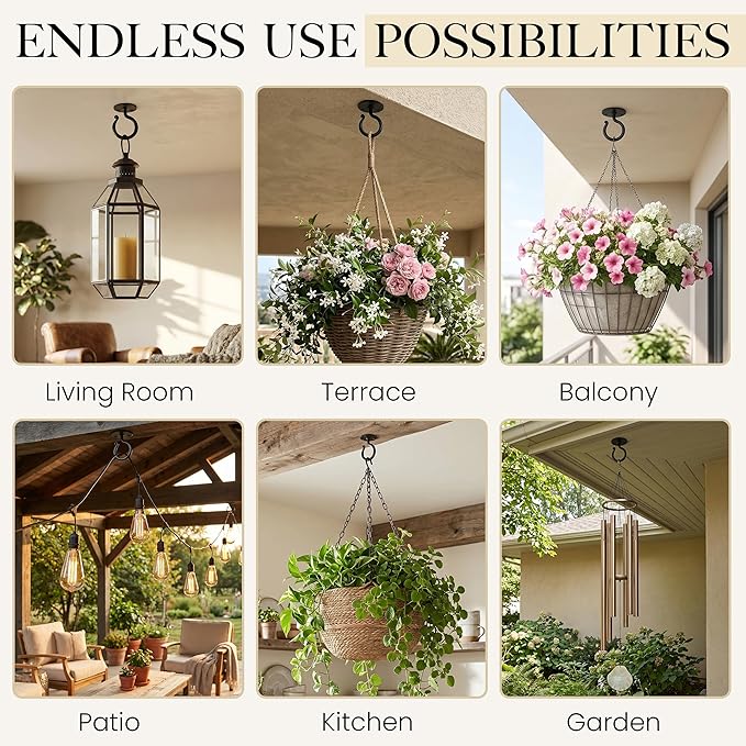 RTZEN Plant Hangers Outdoor or Indoor - Wrought Iron Metal Hanger Indoor Hook - Heavy Duty Wall Bracket Hooks for Hanging Plants Baskets Lanterns Bird Feeders - 2 Pack (Black Ceiling Hooks 3.1")