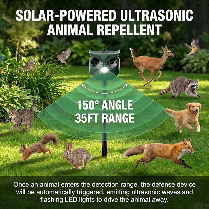 4 Pack Solar Ultrasonic Animal Repeller with Flashing LED Lights – Cat Deterrent Outdoor for Squirrels, Deer, Raccoons, Rabbits, Skunks, Dogs – Protects Garden, Yard, Lawn, Farm & Crops
