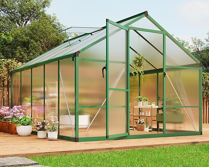 Garvee 8 x 10 ft Greenhouse, Greenhouses for Outside, Polycarbonate Greenhouse with Aluminum Frame, Lockable Door and Ajustable Roof Vent for Backyard, Green Houses for Outside Garden Backyard, Patio