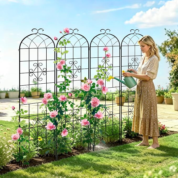 LZRS 4 Pack 78.7x20in Rustic Iron Arch Decoration Garden Trellis with Black Metal Coating – Perfect for Supporting Climbing Plants Outdoor, Roses, Vines, Flowers, and Vegetables.